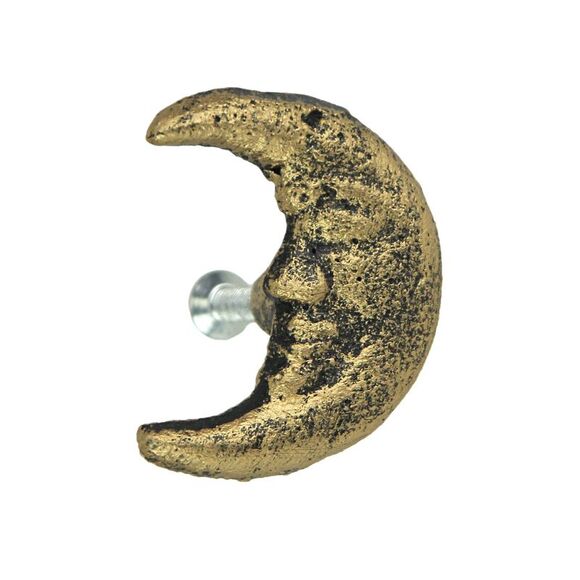 Set of 6 Gold Cast Iron Crescent Moon Face Drawer Pulls Decorative Cabinet Knobs - Picture 9 of 12